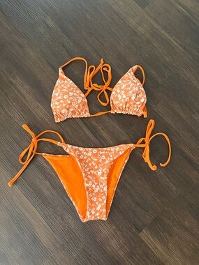 Orange Floral Tie-Side Bikini Set